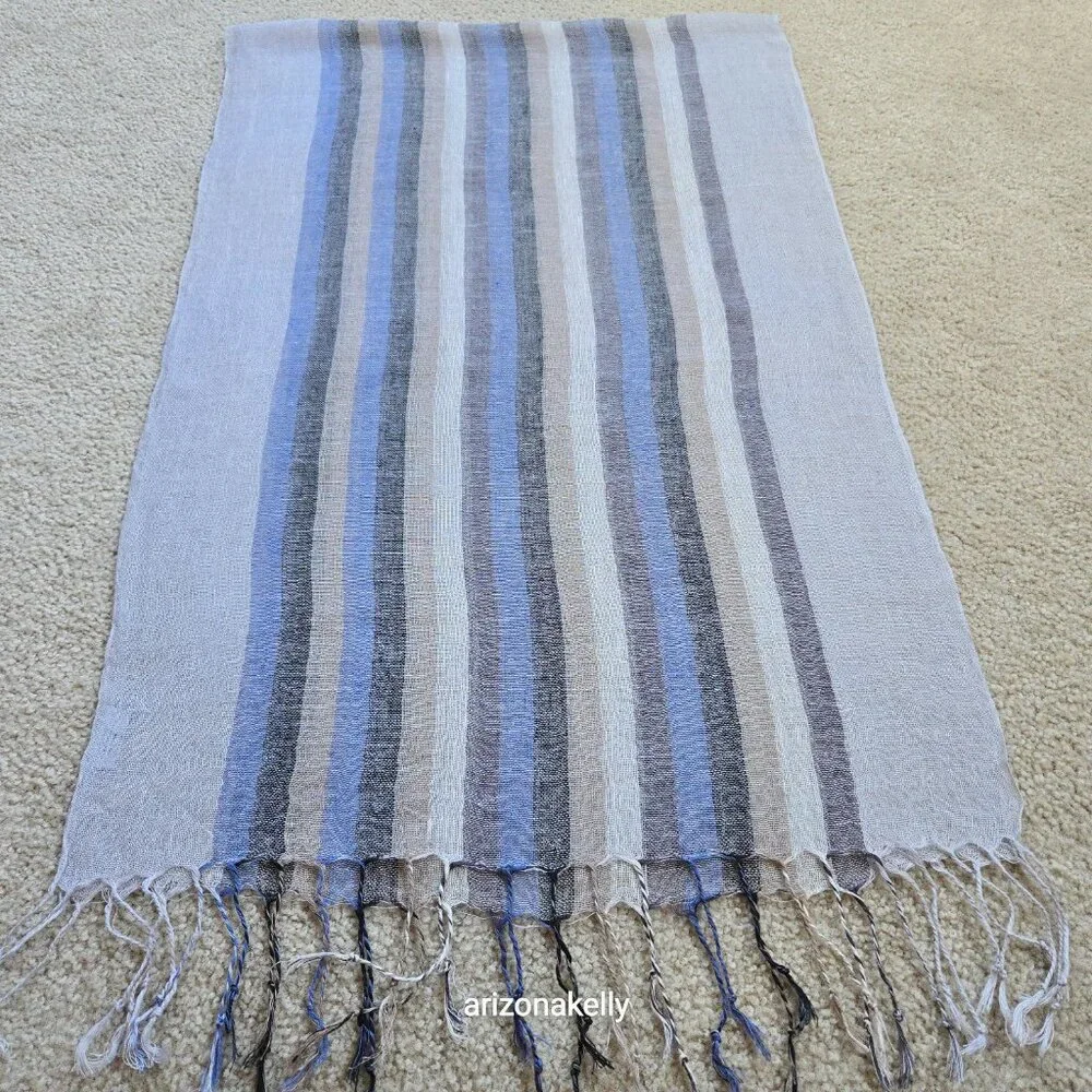 Linen Scarf Blue Grey Tan--Made in Paris